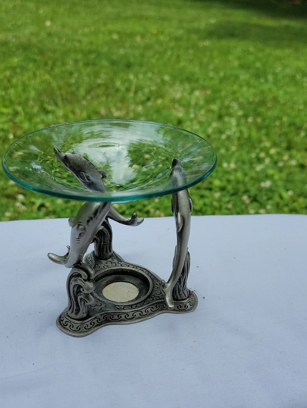 Dolphin Glass Dish on Silver-Tone Metal Stand